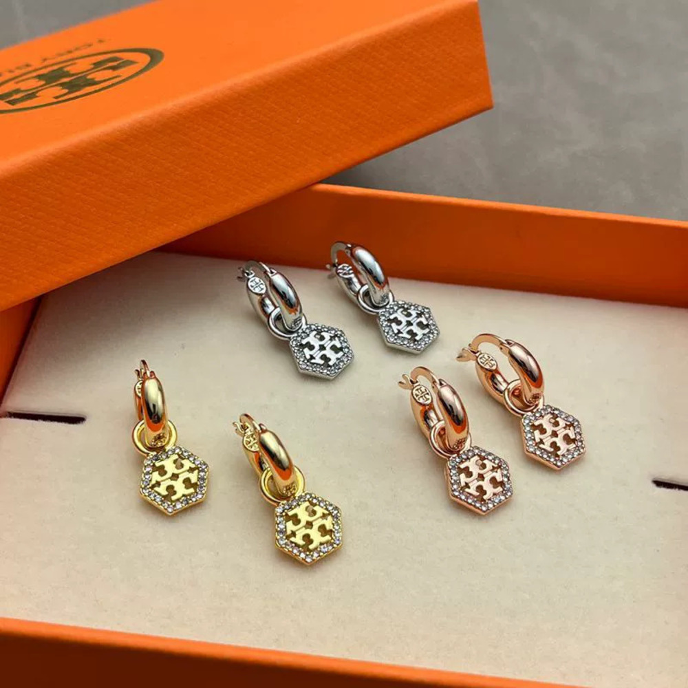 Tory Burch Hexagonal Detachable Full Diamond Gold Plated Copper Earrings